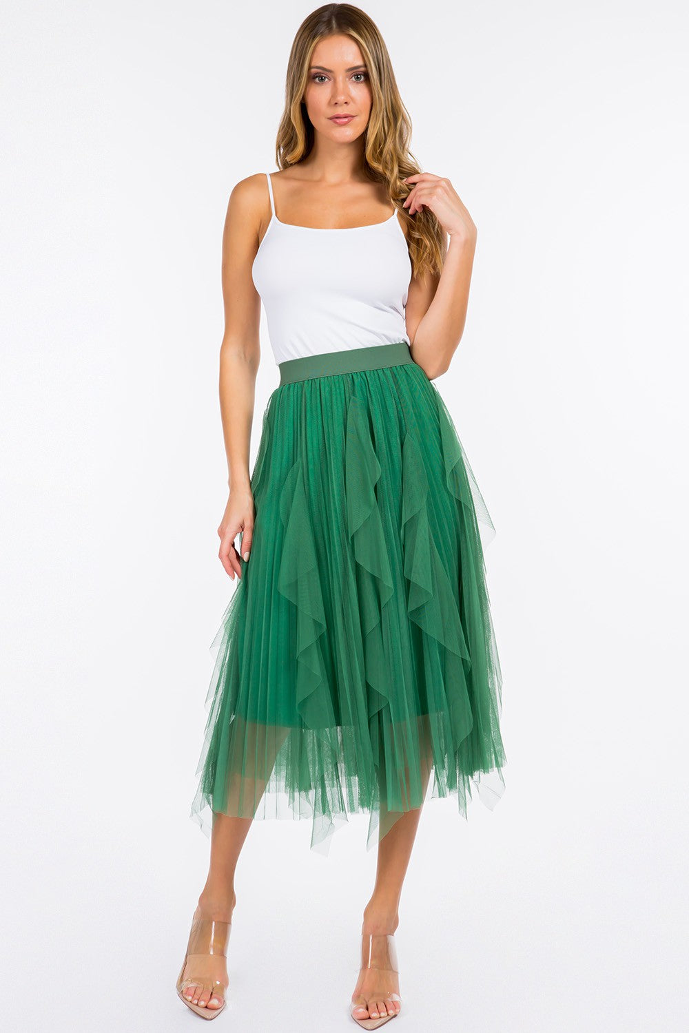 Ruffled Tulle Midi Skirt