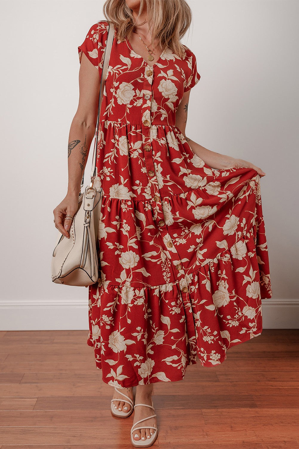 Button Front V-neck Floral Midi Dress