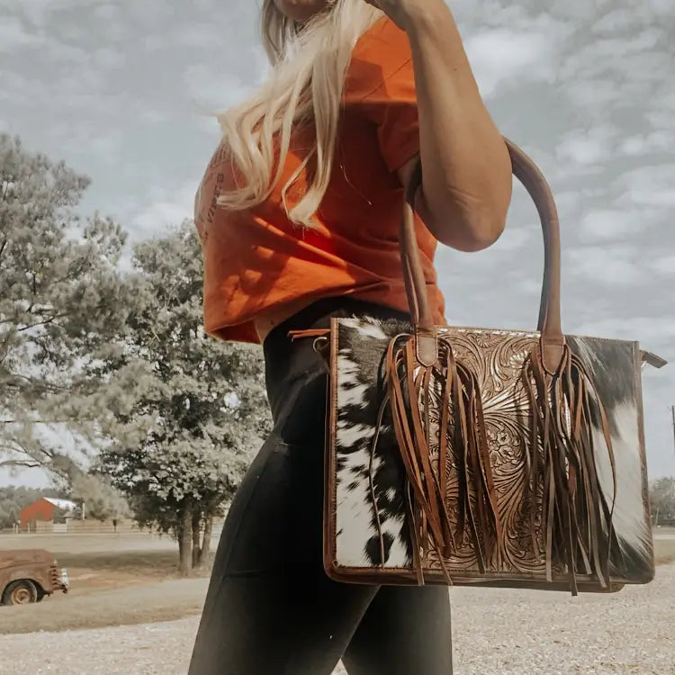 Jesse Cowhide &Tooled Leather Fringe Bag