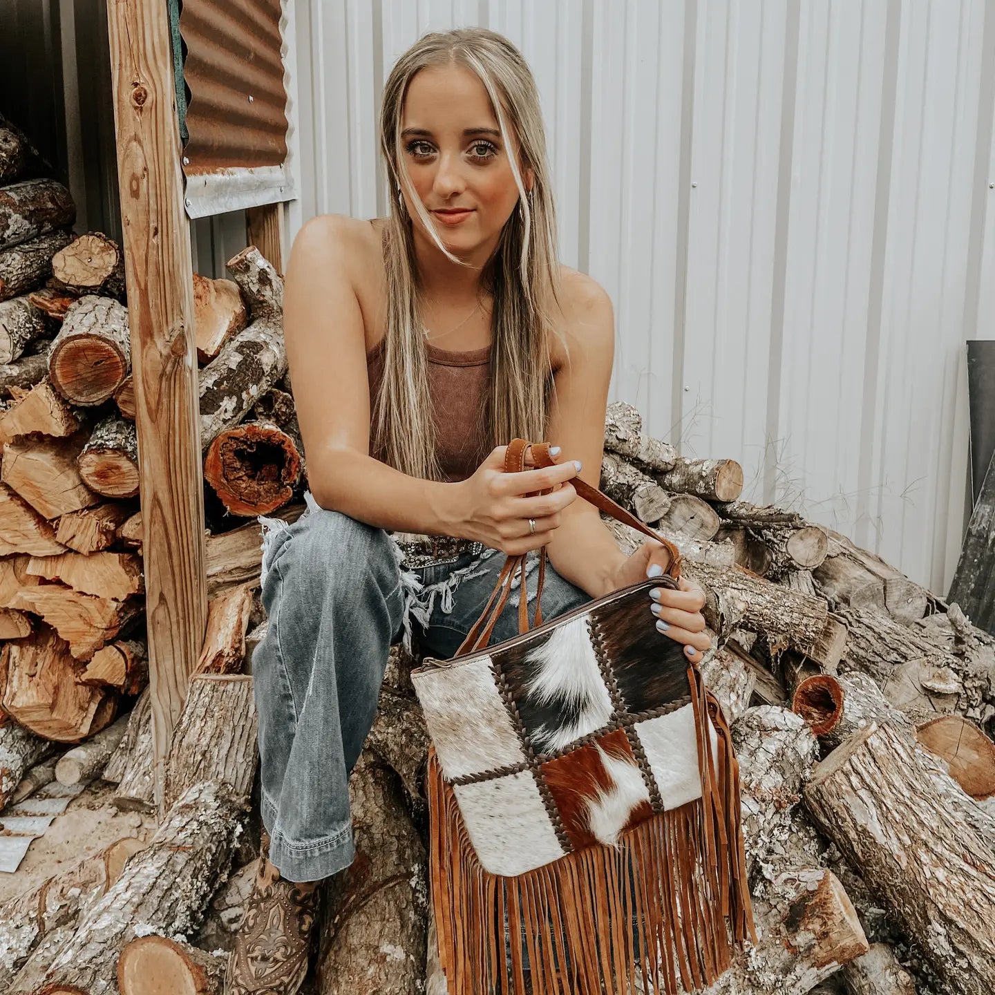 Patchwork Cowhide Fringe Western Purse