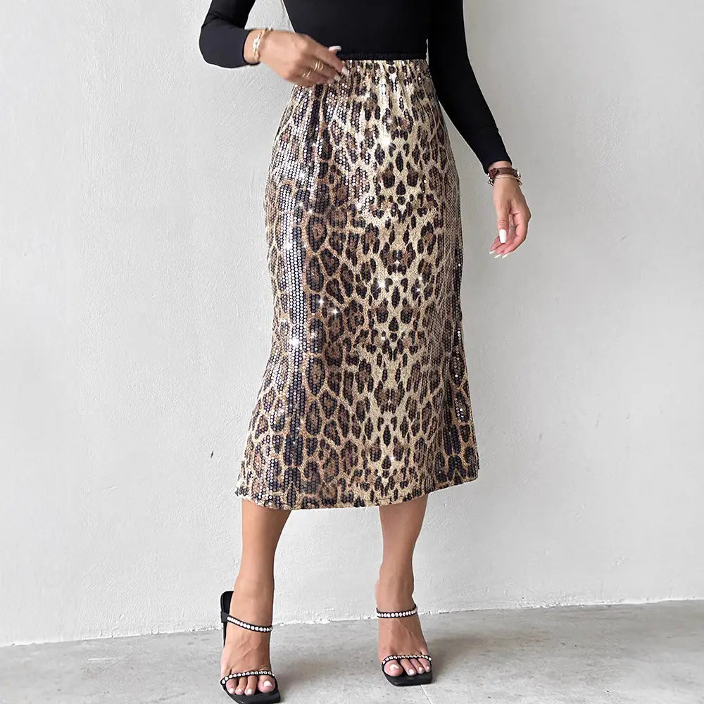 Sequin Leopard Print Skirt