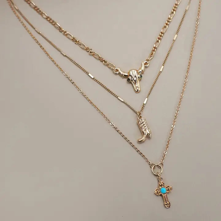 Bull Head Boot Cross Charm Necklace