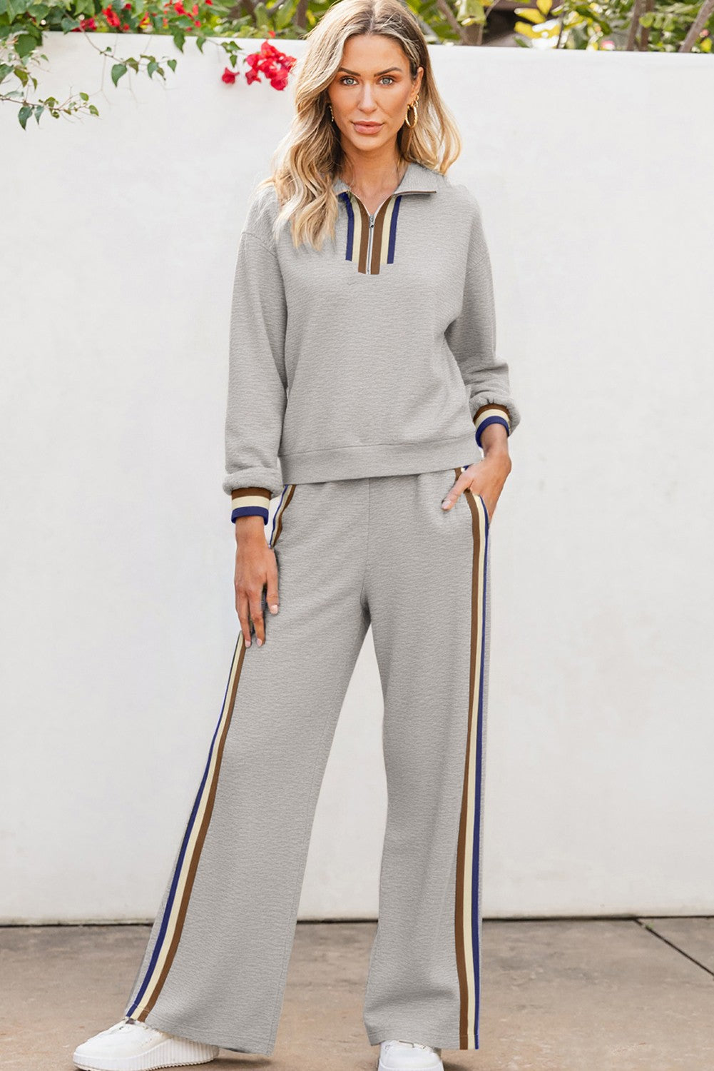 Collared Striped Pants Set