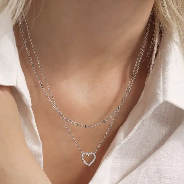 Silver Layered Heart Necklace