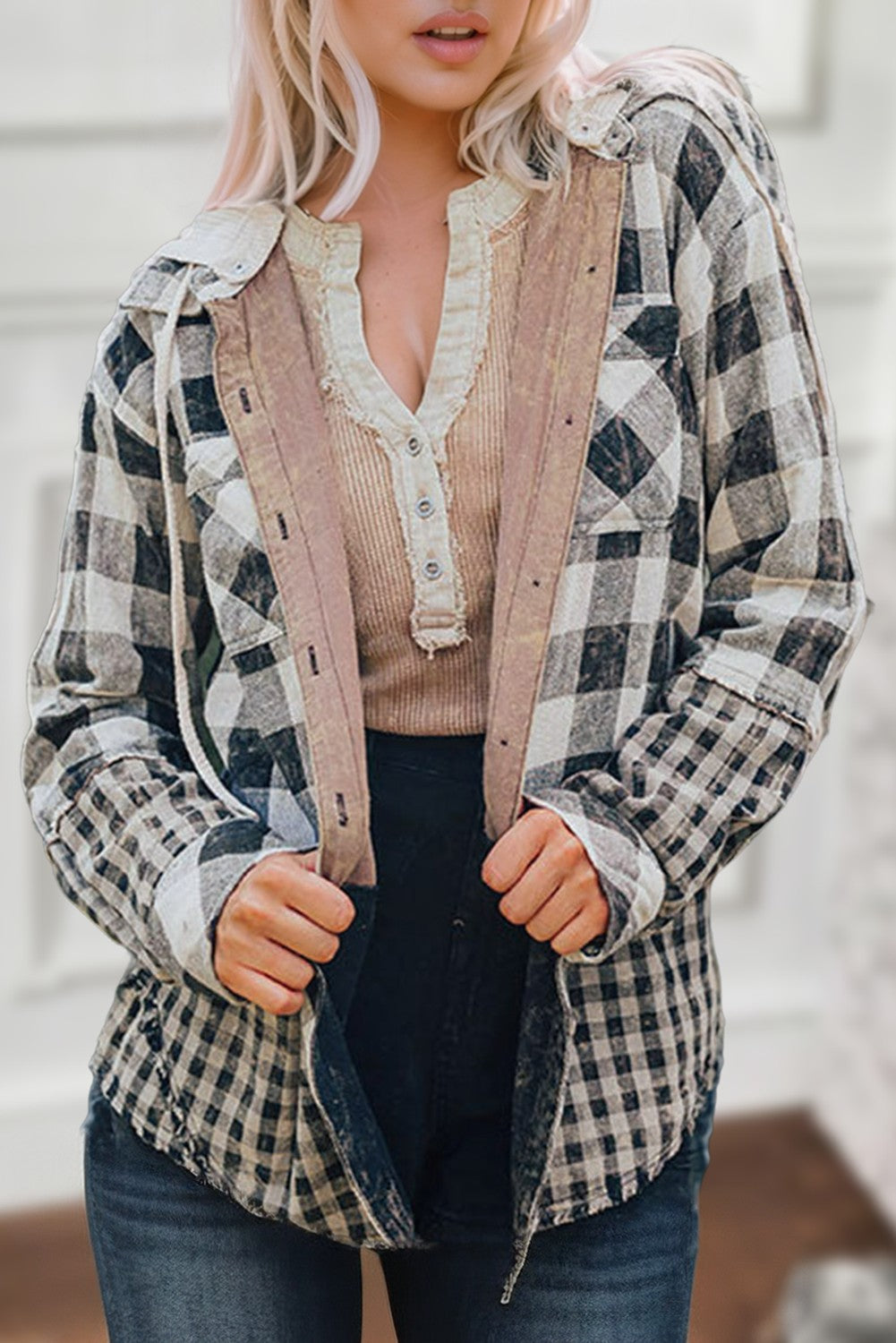 Plaid Patchwork Hooded Shacket