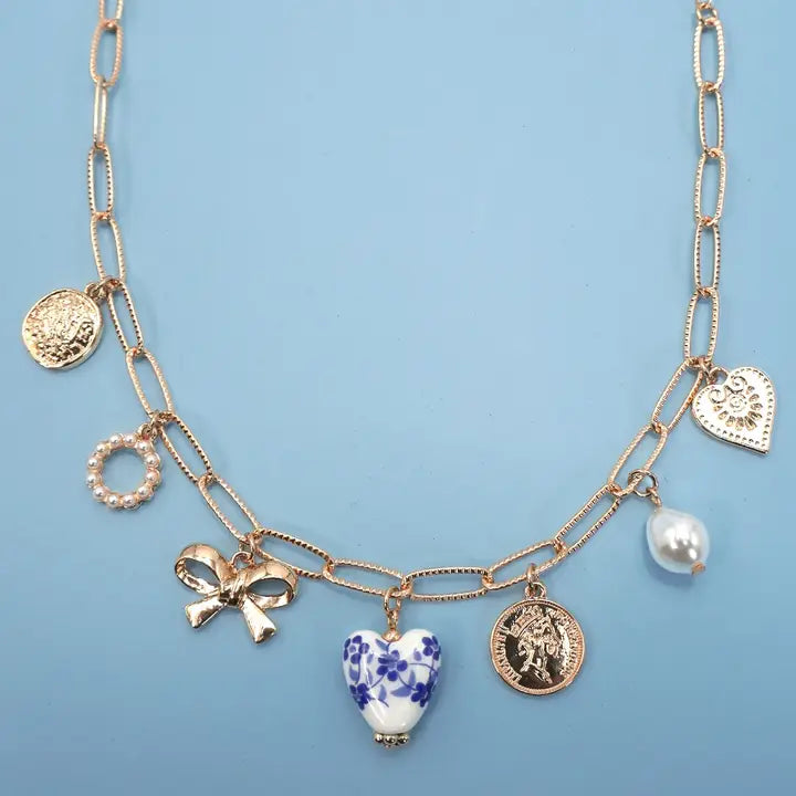 Porcelain Bow Heart Charm Necklace