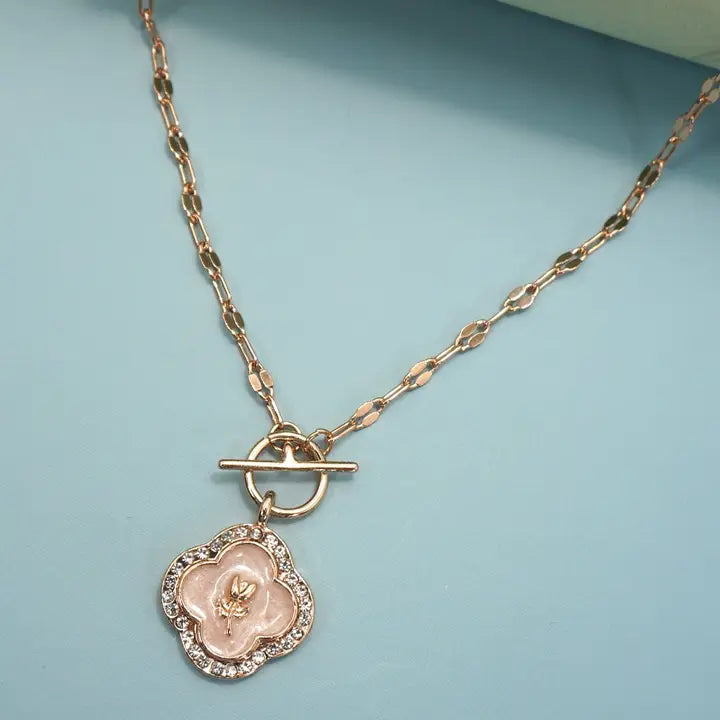 Rhinestone Rose Flower Toggle Necklace
