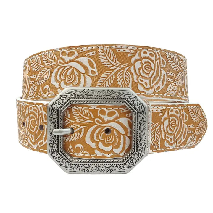 White Painted Rose Tooled Belt