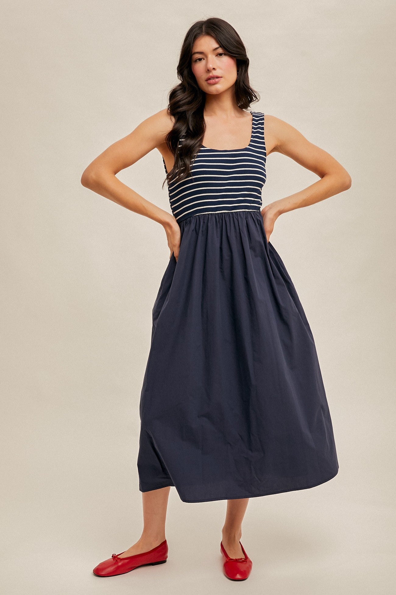 Navy Striped Ribbed Midi Dress