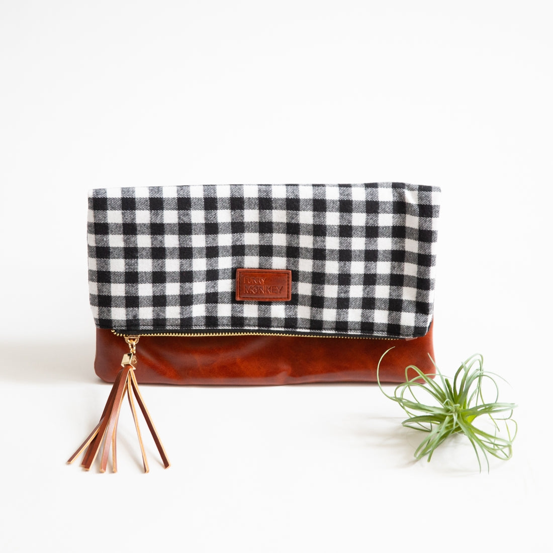 Fold Over Clutch - Black & White Buffalo, Brown Faux Leather